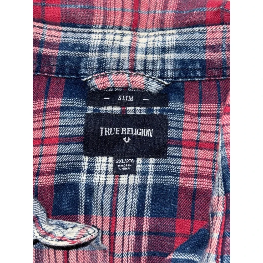 True Religion Men's Plaid‎ Shirt Slim Fit Long Sleeve Red Blue Western Size 2XL